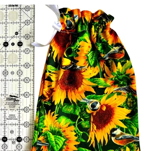 Hand Crafted Sunflower Reusable Fabric Gift Bag Drawstring Ribbon Eco Friendly - Picture 5 of 6